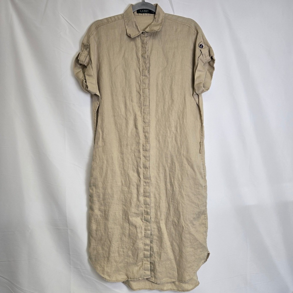Lauren Ralph Lauren 100% Linen Short Sleeve Shirt Dress, Coastal Preppy, Tan, 6 - Picture 1 of 13